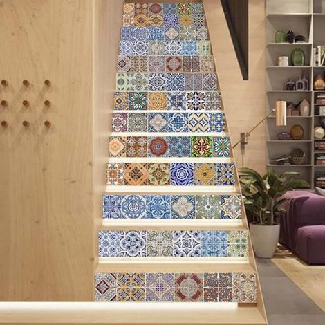 Autocollant d'escalier, 3D autocollant de contremarche d'escalier autocollant amovible papier peint-10018cm-13pcs/set -L027 (1/4)