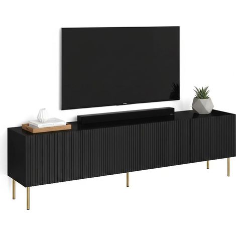 Varenna TV-Ständer, Wohnzimmer-Sideboard mit vier Flügeltüren, vom Boden abgehoben, 200 x 42 x 52 cm, Schwarz