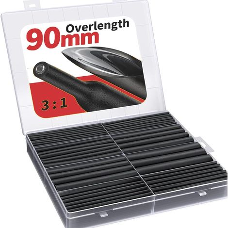 Gaine Thermorétractable, 90mm Tube Thermorétractable Ratio 3:1, Kit de Tube de Câble Thermorétractable D'isolation Électrique avec Boîte (Noir / 200pcs) (1/5)