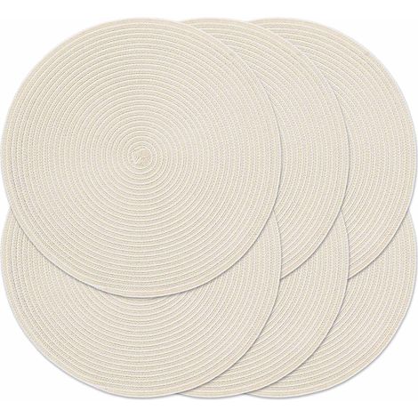Lot de 6 sets de table ronds de 38,1 cm - Résistants à la chaleur, tressés, tissés, pour table de salle à manger intérieure/extérieure - Antidérapants (Beige Blanc, 6)'Beige/Blanc. 6 pcs'Beige/Blanc.' (1/5)