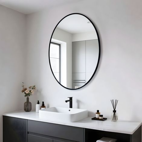 Black Aluminum Alloy Frame Oval Mirror Wall Mount Bathroom Mirrors Matte Black Frame - 60cm x 80cm (1/5)