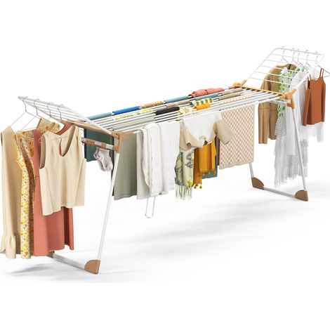 Étendoir à Linge Télescopique Extensible 284 cm Grande Capacité Séchoir à Linge Pliable avec Structure Métallique Renforcée Ailes Latérales Pinces à Chaussettes Blanc (1/5)