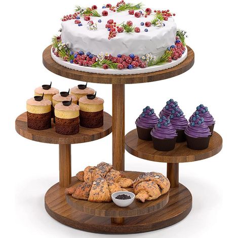 Présentoir à Cupcakes En Bois à 4 Niveaux,Support à Dessert,Presentoir a Gateau En Bois,Pour Fête d'Anniversaire,Mariage,Fête Prénatale,Fête à La Maison(Marron,Rond) (1/5)