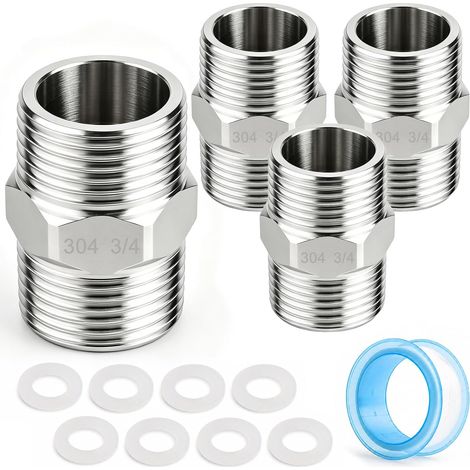 Connettore filettato BSP da 3/4" in acciaio inox a 4 pezzi  Doppio nipplo in acciaio inox da 3/4" per la conversione di tubi del carburante, tubi dell'acqua e rubinetti (1/5)