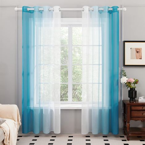 Lot de 2 Rideaux Voilages, Décoration Rideau à Oeillets, 132×213 CM, Dégradé de Couleur pour Chambre Enfant Fille Salon Maison Fenêtre Balcon, Bleu (1/5)