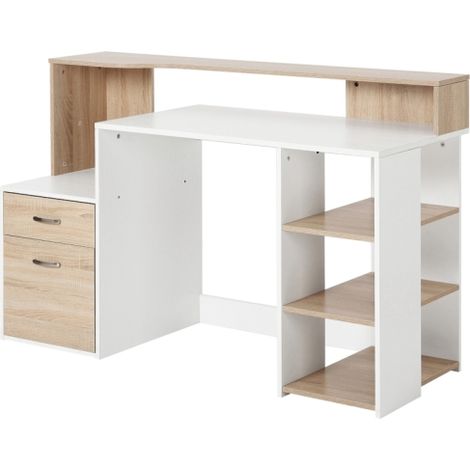 Spacious Oak Computer Desk with Drawers and Shelves,Versatile Writing Table with Printer Stand for Home Office and Study,137x55x92cm