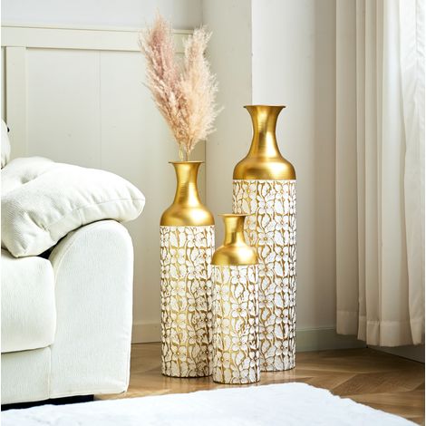 Set di 3 vasi da pavimento in metallo oro e bianco con motivo floreale 50/66/85 cm OKWISH (1/5)