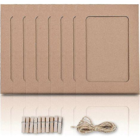 Cadre photo en papier kraft 9x9,5 cadres photo en papier 10 cadres en carton à faire soi-même avec pinces en bois et ficelle de jute (marron) (1/5)