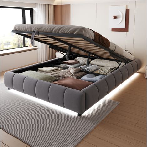 Cama 140x200 cm gris de terciopelo, con almacenaje y luz LED (1/5)
