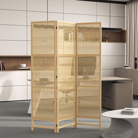Biombo plegable de 3 paneles 135 x 180 cm de ratán sintético y madera natural (1/5)