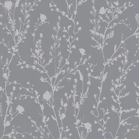 Carta da parati tono su tono Profhome 395463 Carta da parati TNT liscia con ornamenti floreali ed accenti metallici grigio argento 5,33 m2