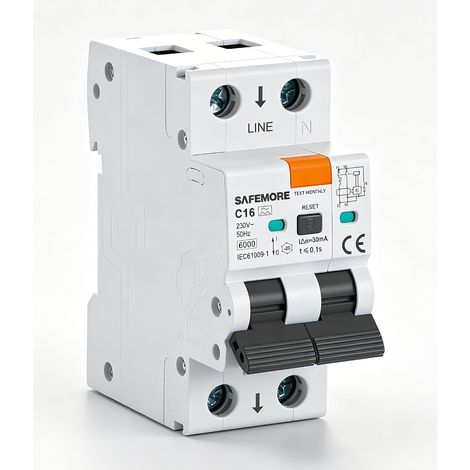 Disjoncteur différentiel RCBO, 1P+N, 16A 30mA, type A Courbe C Disjoncteur différentiel avec protection contre les surcharges et les courts-circuits, 6kA, montage sur rail DIN (1/5)