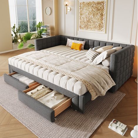 Tagesbett Samt Grau 90x200 cm, ausziehbar auf 180x200 cm, mit 2 Schubladen (1/5)