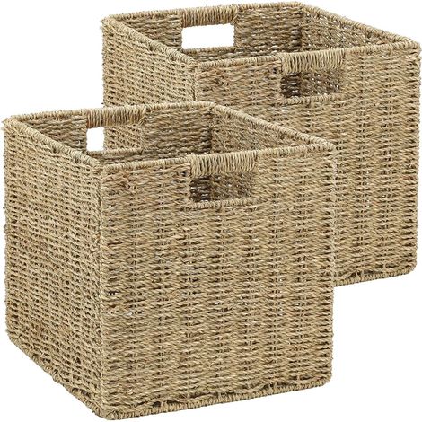 Panier Rangement Tressé, Cube Rangement Pliable en Papier de Jacinthe d'eau, Panier pour étagère, Bureau, Chambre, Panier pour Vêtements Jouets Magazines 28x28x28cm (1/5)