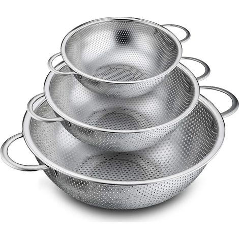 Dreiteiliges Edelstahl-Küchensieb mit mikroporösen Löchern und Griff, ideal für Nudeln, Obst, Reis und Gemüse, gesund und hochglänzend, spülmaschinenfest (1/5)