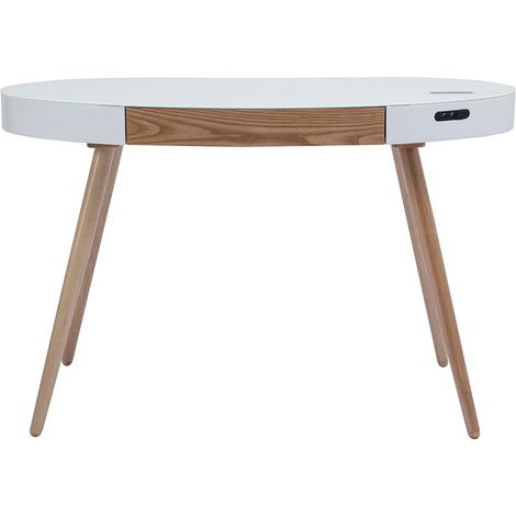 Vernetzter Multimedia-Schreibtisch aus weißem Glas und hellem Holz L120 cm HANDY