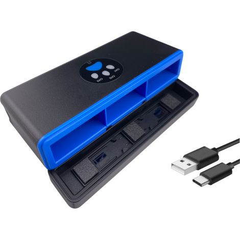 Trade-Shop Dreifach LED Ladegerät Ladebox Ladekoffer Aufbewahrungsbox inkl. USB-C Kabel für GoPro AHDBT-1301PR CPSS1B / mit MicroSD-Karten Slot