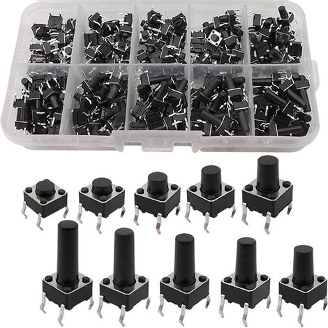 100 Stück taktile Drucktastenschalter mit 10 Werten, 6 x 6 mm, Schaltersortiment, schwarz