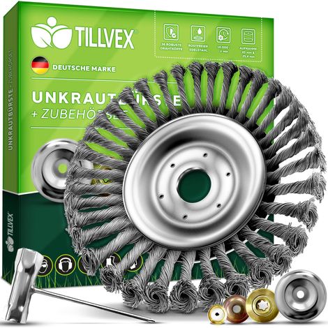 tillvex® Profi Unkrautbürste für Freischneider & Motorsense Wildkrautbürste 25,4 & 20mm Bohrung Drahtbürste zur effektiven Unkrautentfernung Bürste inkl. Montagezubehör