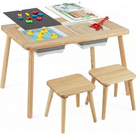 Table et Chaises pour Enfants avec Plateaux Réversibles Amovibles & 2 Bacs de Rangement, Pieds Solides en Pin, 2 Tabourets Naturel pour Enfants 3 Ans+ (1/5)