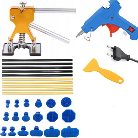 El kit de reparación de automóviles incluye un extractor de abolladuras, una pistola de pegamento caliente, 18 almohadillas para reparar abolladuras y una espátula.