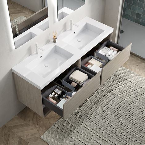 Badezimmer Waschtisch 140x46x60 cm, integriertes Resinbecken, Soft Close Schublade, Eichenoptik, Weiß (1/5)