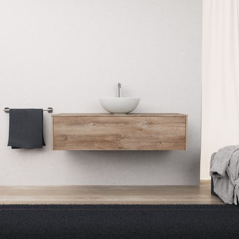 Inda - Badezimmerschrank mit 1 Schublade, L. 120, mit Aufsatzwaschbecken / Natureiche – Diamante