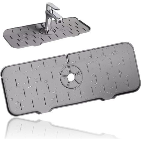 Tapis de robinet en silicone pour cuisine, bac récupérateur de gouttes pour poignée de robinet, idéal pour le comptoir de cuisine, la salle de bain et les maisons de campagne (gris) (1/5)