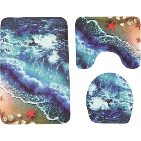 Tapis de toilette à motif plage 3D , lot 3 , en polyester avec envers antidérapant , lavables , pour