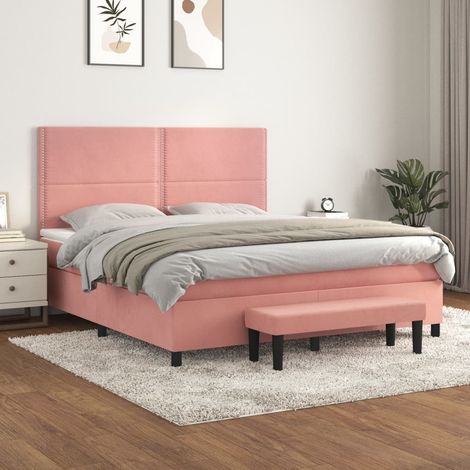 Lit avec sommier à lattes, matelas et banc en velours rose 160 x 200 cm - PANGIVO (1/5)