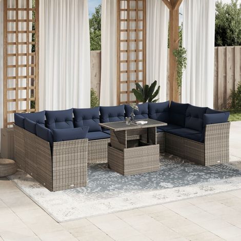 Salon de jardin 11 pièces en rotin PE tressé gris avec coussins et table réglable - PANGIVO (1/5)