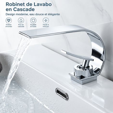 Mitigeur Lavabo Cascade Grand Col de Cygne Chromé Électroplaqué Robinet Salle de Bain avec Flexibles de Raccordement Inclus 25 × 19 × 7 cm – Livraison gratuite