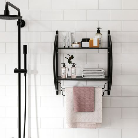 Etagère Murale de Salle de Bain Porte-serviettes avec 2 Tablettes et 2 Barres en Métal Chromé 45x25,5x55cm Noir (1/3)