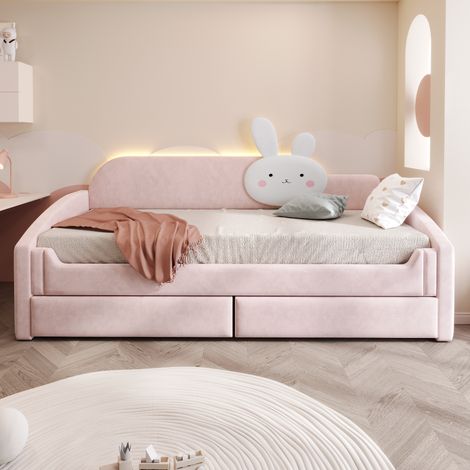 Lit enfant canapé 90x200 cm avec LED et rangements - Dossier forme vague oreille lapin - Rose (1/5)