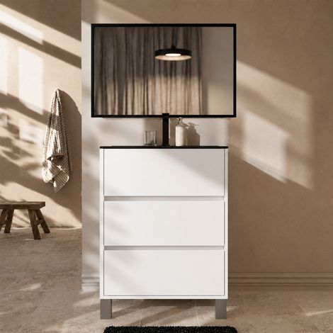 Mueble de baño 50cm blanco 3 cajones Lavabo negro Espejo 50x70 marco negro (1/5)