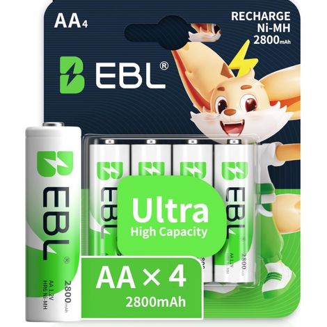4PCS Piles Rechargeables AA, HR6 1.2V NiMH 2800mAh, Emballage Exquise Rechargeable 1200 Tech, pour Manette de Jeux, Souris sans Fils, Jouet, etc. (1/5)