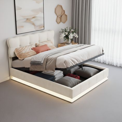 Polsterbett 160 x 200 cm mit LED-Beleuchtung, Doppelbett mit hydraulisch und Stauraum, modern Jugendbett mit Kopfteil, Bettgestell mit Lattenrost,Velour
Beige, Ohne Matratze (1/5)