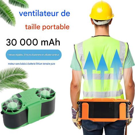Ventilateur portable ceinture orange YLD-F16 ABS, double moteur sans balais, batterie 30000mAh 7 vitesses veilleuse LED travail extérieur (1/5)
