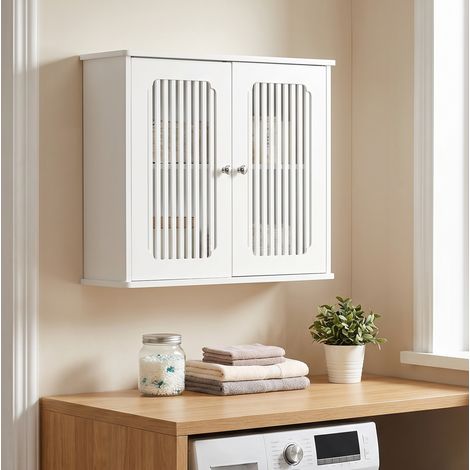 Mobile bagno sospeso con 2 ante effetto doghe, salvaspazio, contenitore da parete in MDF bianco (1/5)
