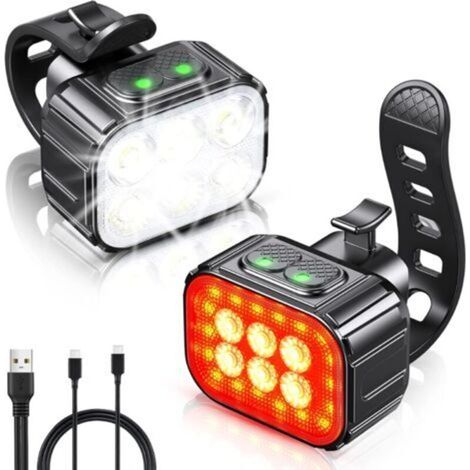 Feu Avant Et Feu Arriere Pour Velo - LED Rechargeable USB - Etanche IP65 - 200 Lm Avant 50 Lm Arriere - 2x4 + 2x6 Modes - Pour VTT Et Cyclisme (1/5)