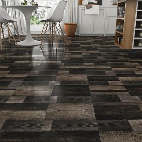 4 x PVC Adhesive Floor Tiles Brown Black Wood Floor Covering Vintage Oak 30 cm x 30 cm PVC Adhesive Bathroom Retro Non-Slip for Living Room Bedroom Waterproof (1/5)