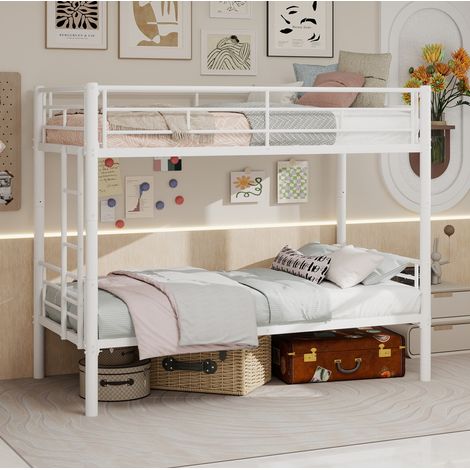 Letto a castello bambini 90x190 cm con scala e sponde di sicurezza, trasformabile in 2 letti, in metallo bianco, materasso non incluso (1/5)