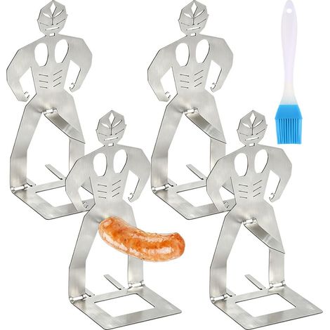 4 Pièces Support à Saucisses pour Barbecue en acier inoxydable, Support Créatif pour Saucisses, Support Portable pour Hot Dog, pour Camping Pique-Nique Cuisine, 1 Pièces Pinceau à huile en silicone (1/5)