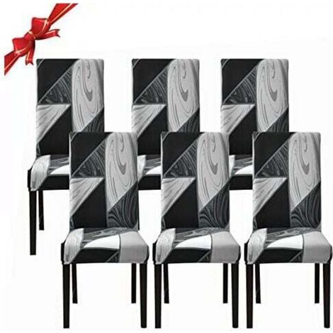 Set mit 6 dehnbaren Esszimmerstuhlhussen aus waschbarem Spandex mit abnehmbarem schwarzem geometrischem Muster - KZQ