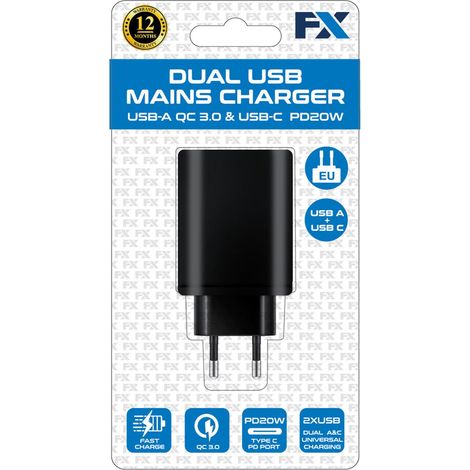 FX Dual EU Main Charger USB-C and USB-A, Black (1/4)