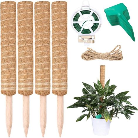4 Pièces tuteur plante grimpante 40cm, Piquets de Jardin en Coco pour Plante, tuteur monstera, avec des étiquettes en bambou pour plantes d'extérieur x50, et des attaches de jardin x 20m.