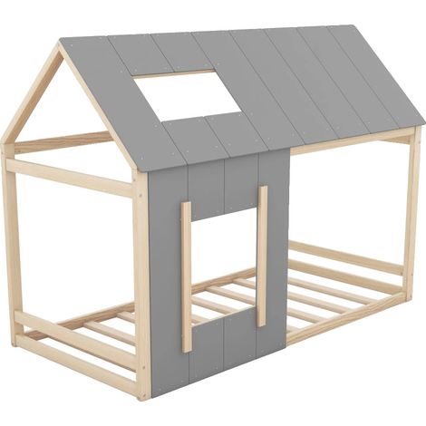 Cama infantil con diseño en forma de casa, fabricada en madera de pino resistente, color natural CQY. (1/2)