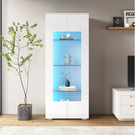 Vitrine de salon haute 70x40x173 cm blanche en MDF avec 2 portes acryliques et LED (1/5)