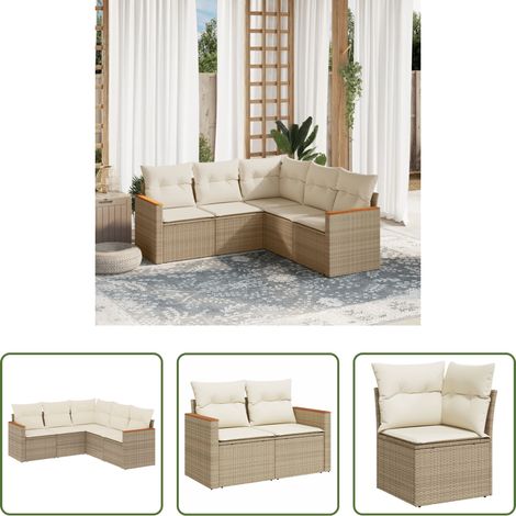 vidaXL Canapé en résine - Salon de jardin avec coussins 5 pcs beige résine tressée (1/5)