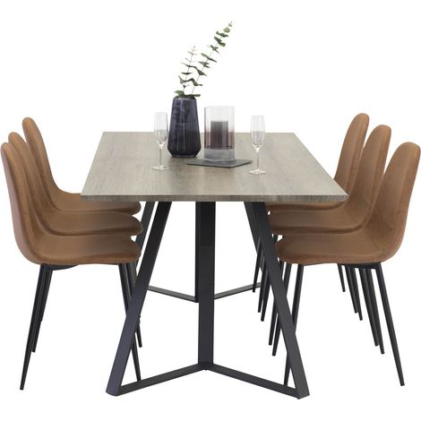 MarinaGRBL Essgruppe Esstisch El Holz dekor grau und 6 Polar Esszimmerstühle PU Kunstleder braun.